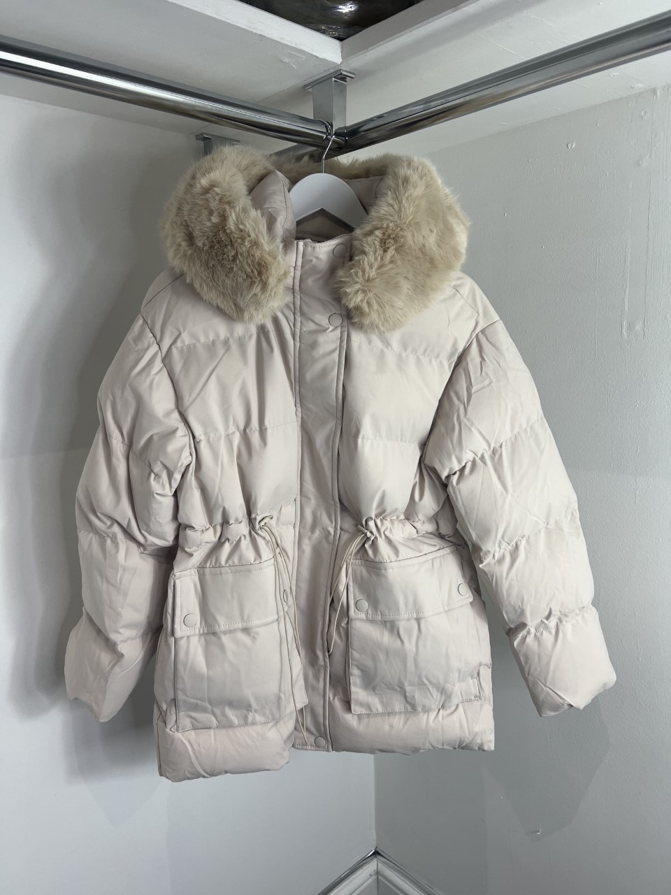 Cream Puffa Coat With Faux Fur Detail - Donna's Boutique