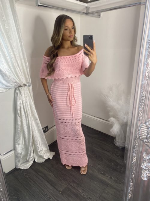 pink crochet bardoe dress