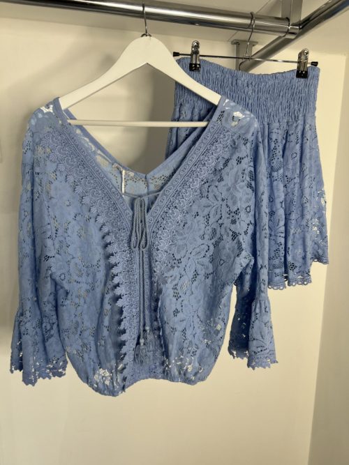 baby blue lace tunic top and short set