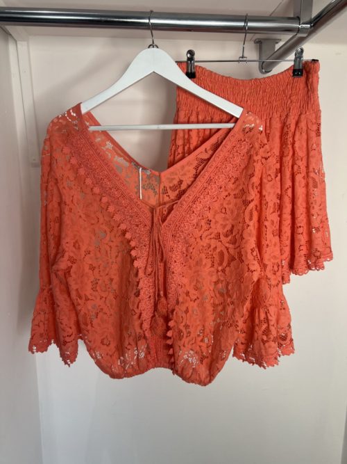 coral lace tunic top and short set