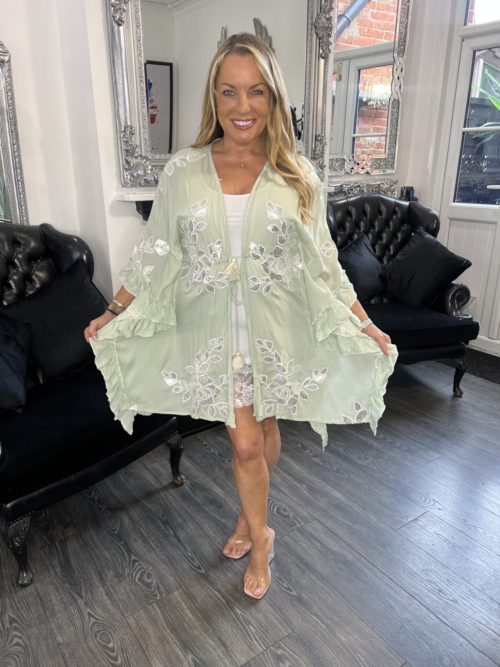 green kaftan silver floral