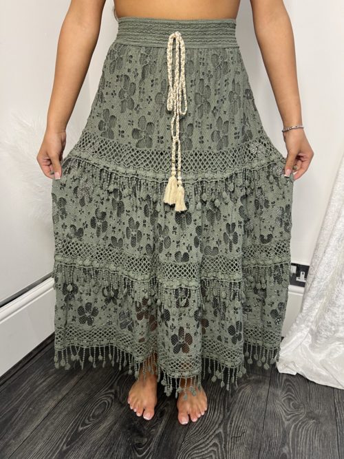 khaki crochet skirt