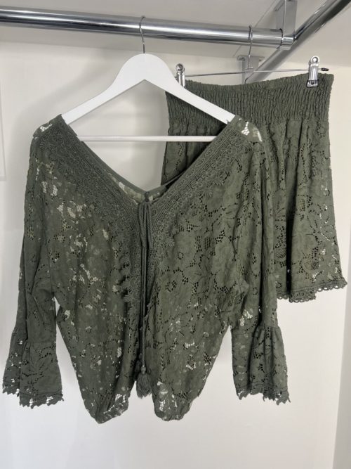 khaki lace tunic top and short set