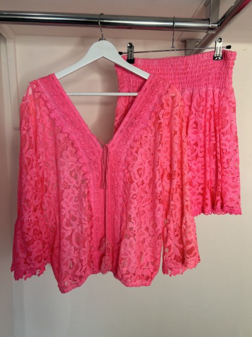 neon pink lace tunic top and short set