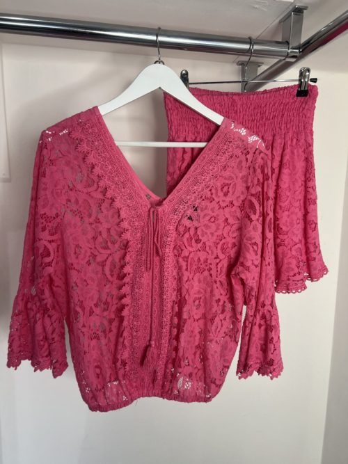 pink lace tunic top and short set