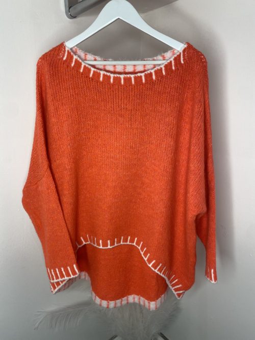 coral white stitch jumper