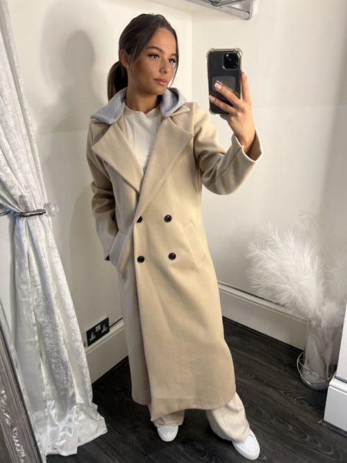 beige hooded ovrcoat