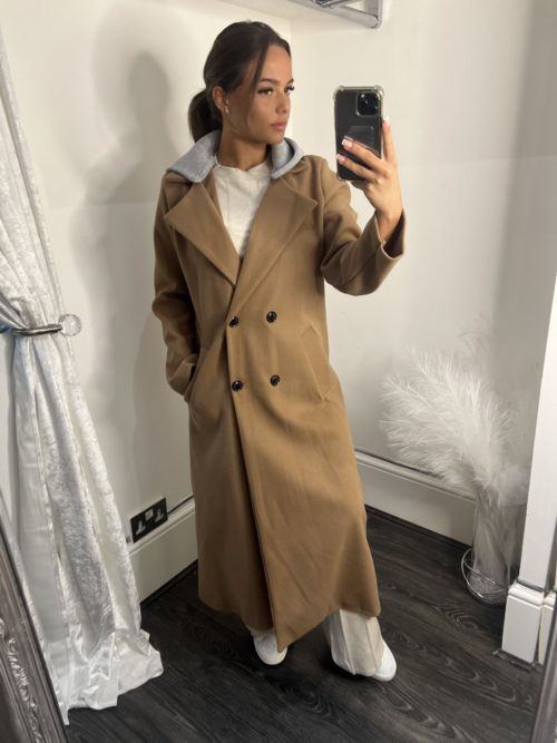 camel hooded overcoat