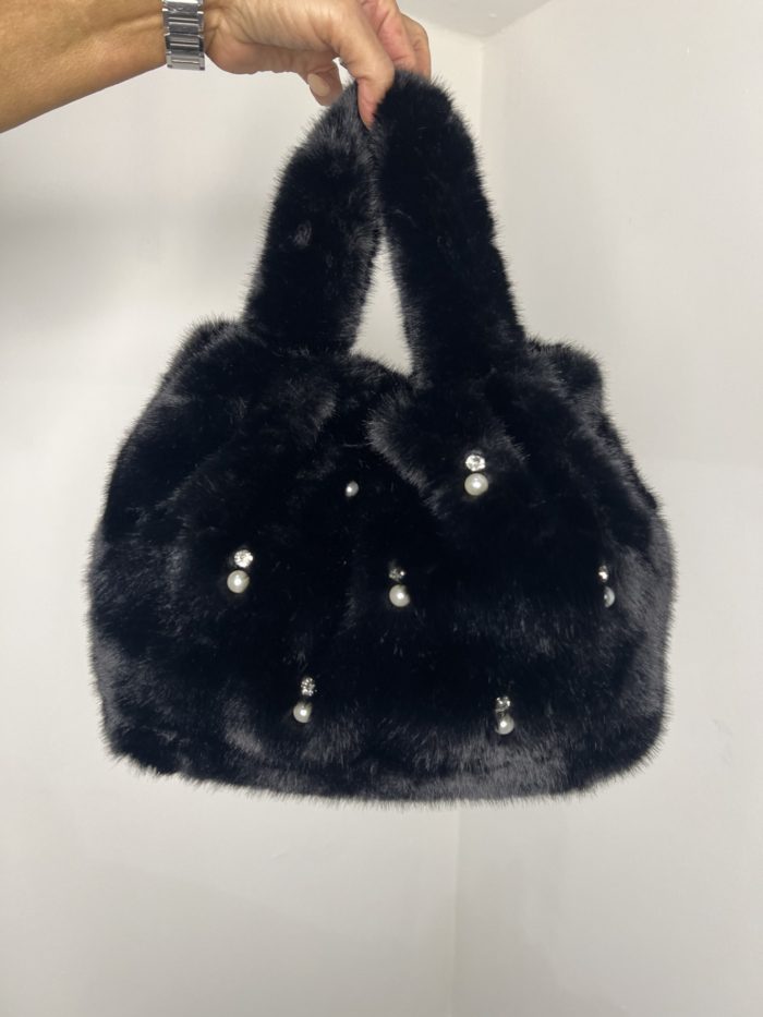 Black Faux Fur Bag With Diamante And Pearl Detail