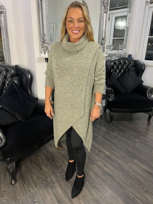 khaki wooly cris cros long turte neck jumper