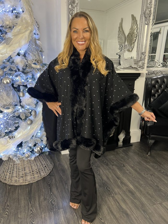 Diamante Stud Cape With Faux Fur Trim