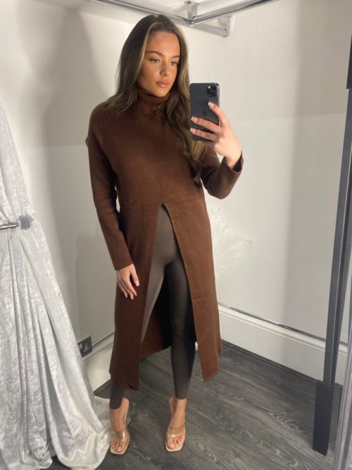 brown slit jumper turtleneck