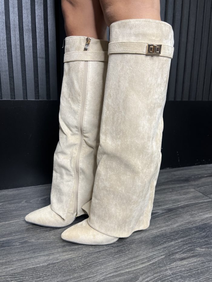 Cream Suedette Overlap Boots