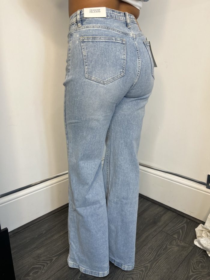 Light Blue Denim Front Pocket Wide Leg Jeans - Image 2